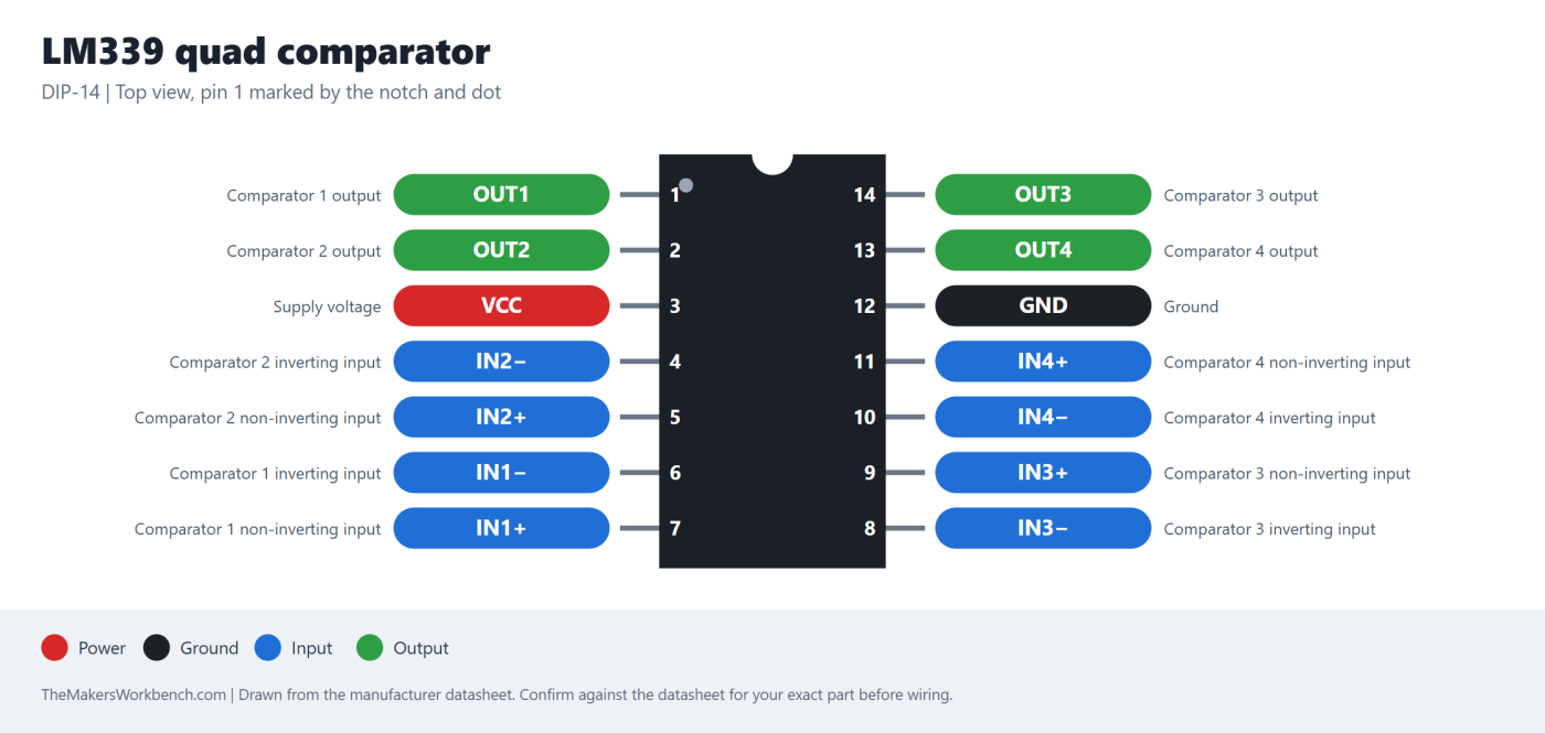 LM339 quad comparator pinout diagram
