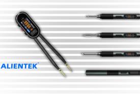 ALIENTEK T90 soldering pen and tweezers shown with several tip cartridges