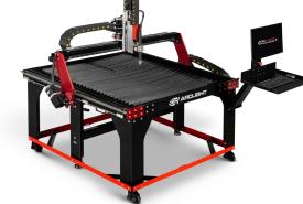 Arclight Arc Pro Ultra V3 4x4 CNC plasma table with black slat bed, red gantry risers, casters, and a monitor on a side pedestal