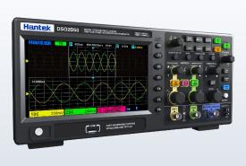 Hantek DSO2D20 series two-channel digital oscilloscope showing waveforms on its screen