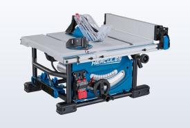 Blue HERCULES compact table saw with its rip fence extended to the side