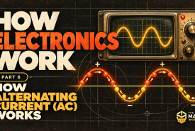 A vintage oscilloscope showing a sine wave with reversing charges, beside the title How Electronics Work, Part 6, How Alternating Current (AC) Works