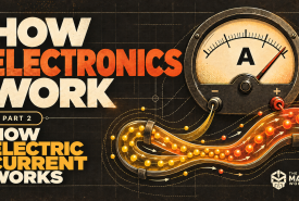 A vintage ammeter dial marked A with a glowing tube of drifting charge carriers curving beneath it, beside the title How Electronics Work, How Electric Current Works