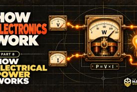 A wattmeter dial with glowing wires linking a voltmeter, an ammeter and a lamp, beside the title How Electronics Work, Part 8, How Electrical Power Works
