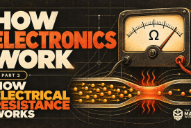 A vintage ohmmeter dial marked with the omega symbol above a wire that narrows to a glowing, heat-shimmering constriction as charge carriers squeeze through, beside the title How Electronics Work, How Electrical Resistance Works