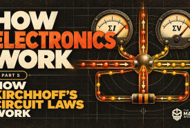 Two vintage dials marked sigma I and sigma V above a glowing junction where currents split and recombine around a resistor loop, beside the title How Electronics Work, How Kirchhoff's Circuit Laws Work