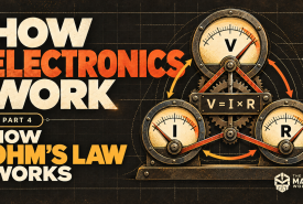 Three vintage dials labeled V, I, and R linked by brass levers and gears around the equation V = I × R, beside the title How Electronics Work, How Ohm's Law Works