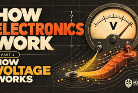 A vintage voltmeter dial marked V, with a glowing ribbon of energy and charge carriers rising from its negative terminal to its positive terminal, beside the title How Electronics Work, How Voltage Works