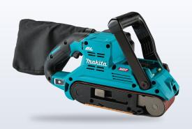 Makita 40V max XGT cordless belt sander with its black dust bag and large front handle