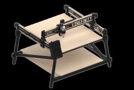 Rendering of a Onefinity Gen 2 Elite CNC router on a black background, showing the bronze-colored gantry with the Onefinity name and a plywood table