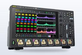 Rigol MHO5000 oscilloscope with its 10.1-inch touch screen showing several waveforms