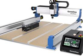 Genmitsu PRONAX CNC router with blue end plates, a silver gantry, a perforated bed, and a black touchscreen controller at the front right