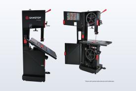 Black SawStop 14-inch Professional Bandsaw with red handwheel and table extension