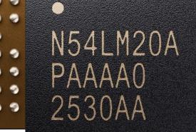 Close-up of the Nordic nRF54LM20A wireless chip in its CSP package