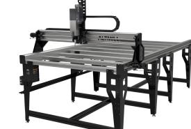 Sienci AltMill 4x8 CNC router rendered on a white background, a black steel frame supporting a long aluminum table with the gantry at one end