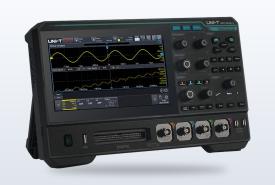 UNI-T MSO1000HD oscilloscope with a 7-inch touch screen showing waveforms