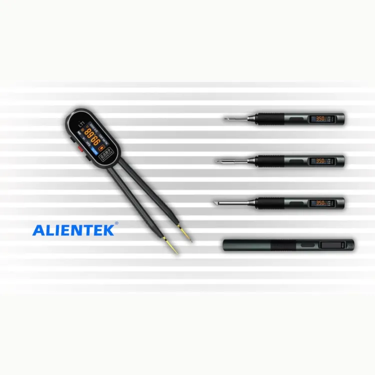 ALIENTEK T90 soldering pen and tweezers shown with several tip cartridges