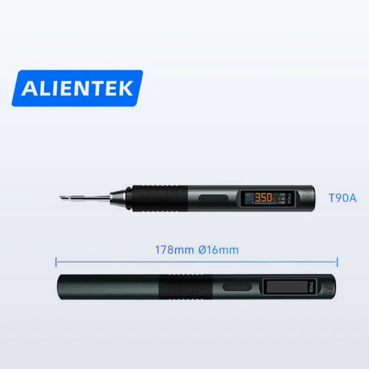 ALIENTEK T90A soldering iron with its 178 mm by 16 mm dimensions marked