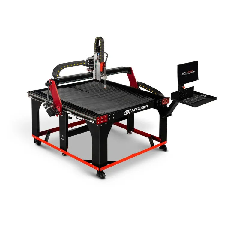 Arclight Arc Pro Ultra V3 4x4 CNC plasma table with black slat bed, red gantry risers, casters, and a monitor on a side pedestal