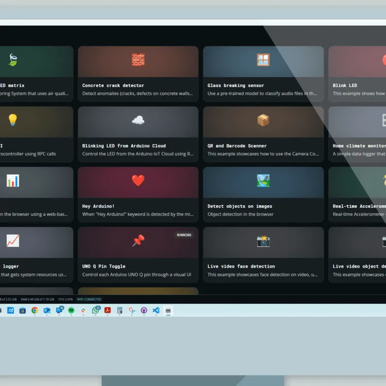 Arduino App Lab window showing the example application browser