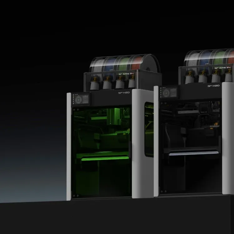 Bambu Lab H2D personal manufacturing machine shown with its laser and fabrication accessories