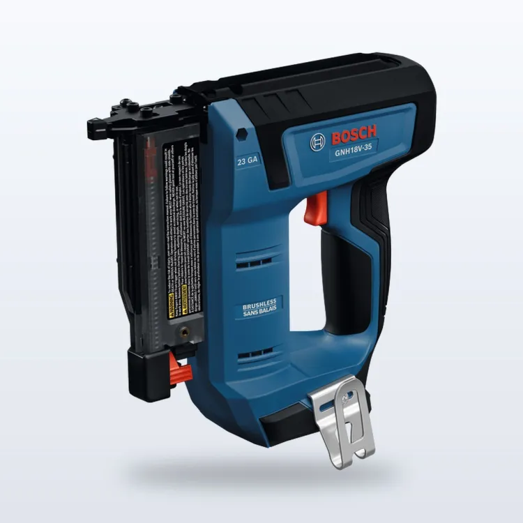 Bosch 18V cordless 23-gauge pin nailer resting against a piece of trim