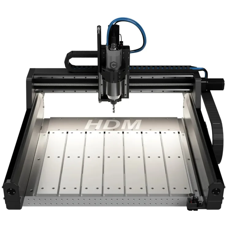 Shapeoko HDM V3 CNC router with its aluminum hybrid table, black gantry, and water-cooled spindle shown from the front