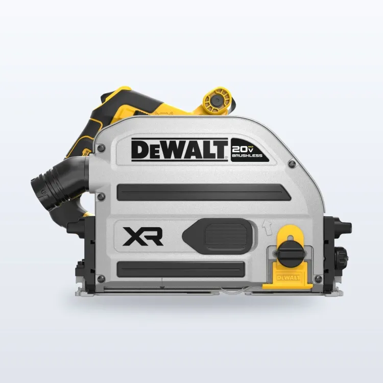 DeWalt 20V MAX XR plunge track saw on a guide rail cutting a sheet of plywood