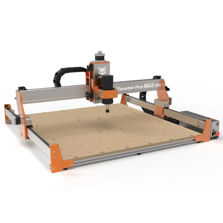 FoxAlien Masuter Pro Max 2×2 CNC router rendered on a white background, with orange end plates, a silver gantry, and a brushless spindle above a perforated MDF bed