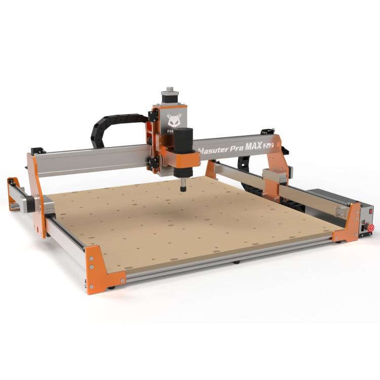 FoxAlien Masuter Pro Max 2×2 CNC router rendered on a white background, with orange end plates, a silver gantry, and a brushless spindle above a perforated MDF bed