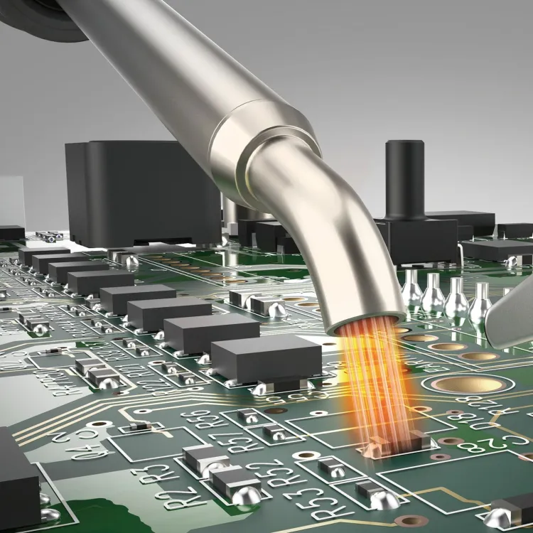 Hot air from a Hakko FR-850 nozzle heating a surface-mount part on a crowded circuit board