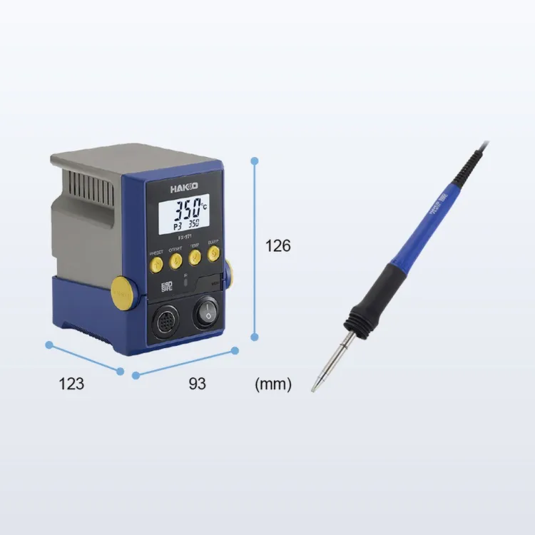 Hakko FX-971 soldering station beside its FX-9701 handpiece, with the station dimensions marked
