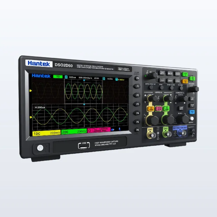 Hantek DSO2D20 series two-channel digital oscilloscope showing waveforms on its screen