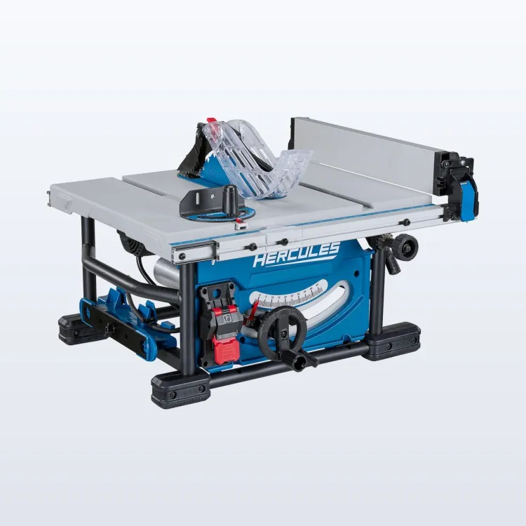 Blue HERCULES compact table saw with its rip fence extended to the side