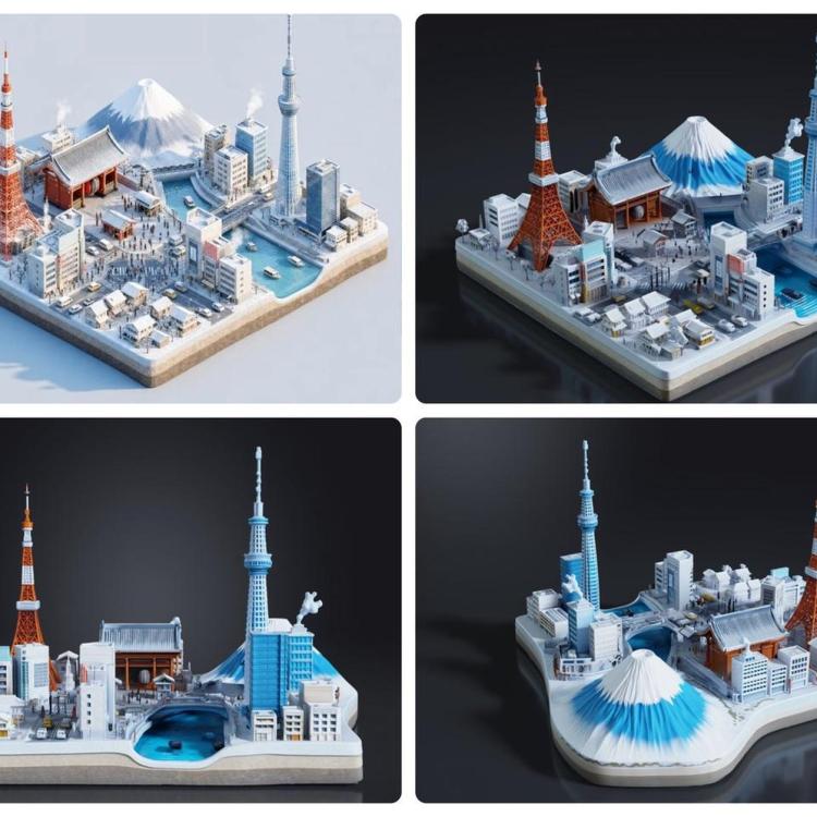 Four views of a miniature city model