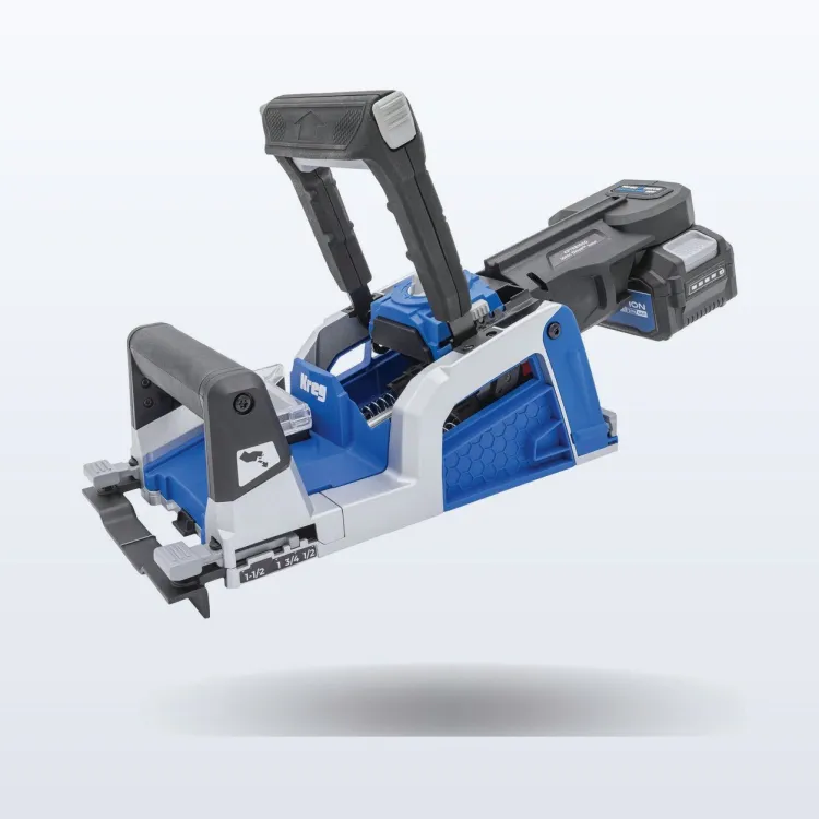 Kreg Rebel cordless pocket-hole joiner clamped to a board