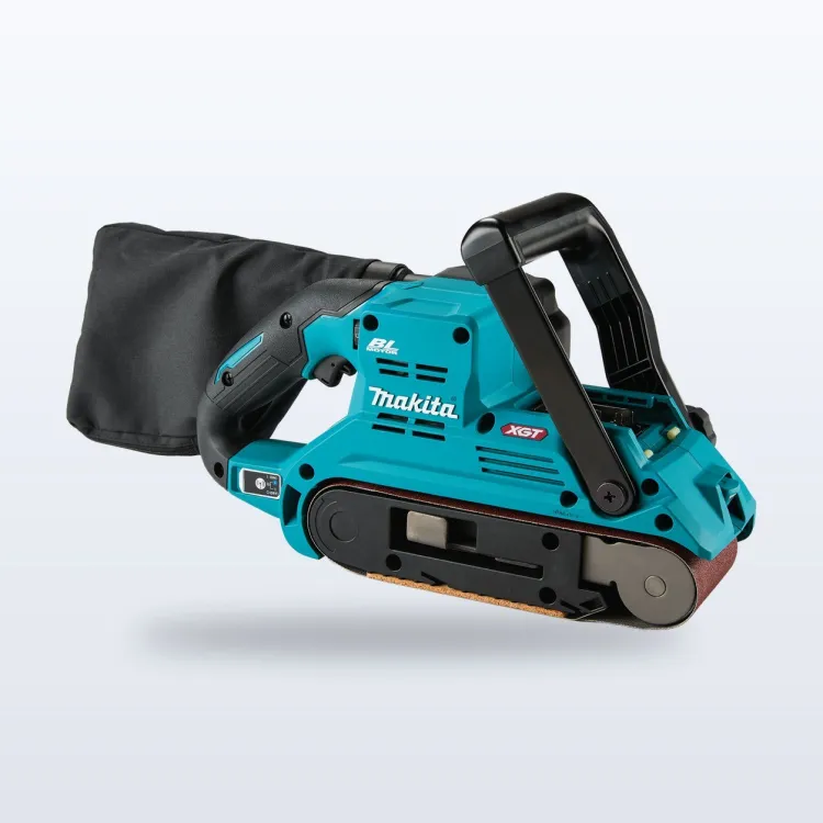 Makita 40V max XGT cordless belt sander with its black dust bag and large front handle