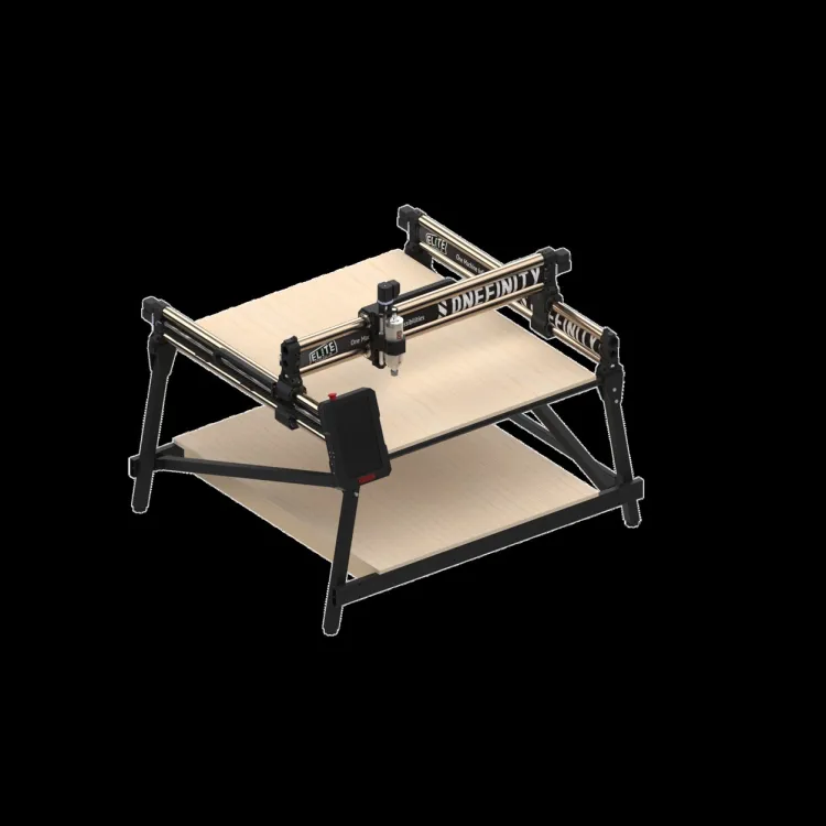 Rendering of a Onefinity Gen 2 Elite CNC router on a black background, showing the bronze-colored gantry with the Onefinity name and a plywood table