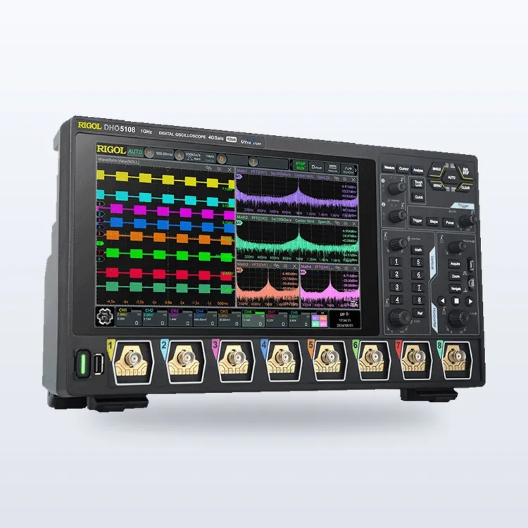 Rigol MHO5000 oscilloscope with its 10.1-inch touch screen showing several waveforms