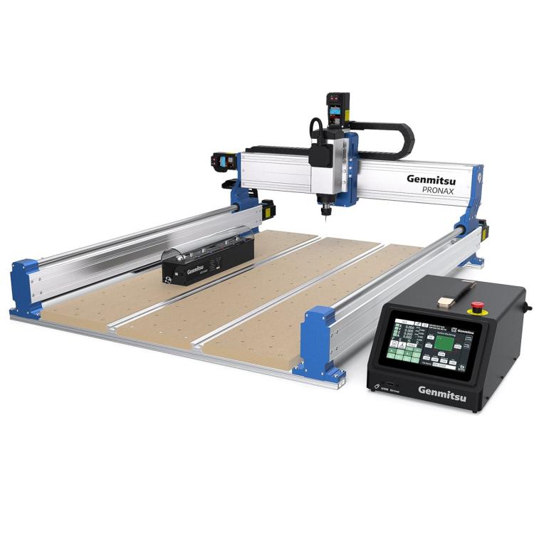 Genmitsu PRONAX CNC router with blue end plates, a silver gantry, a perforated bed, and a black touchscreen controller at the front right