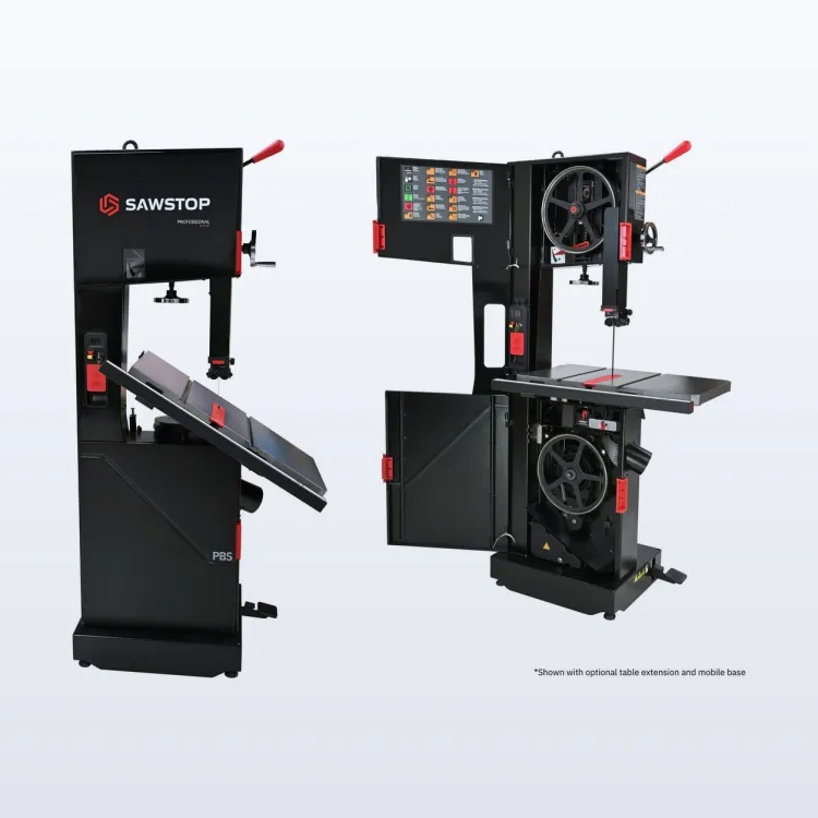 Black SawStop 14-inch Professional Bandsaw with red handwheel and table extension