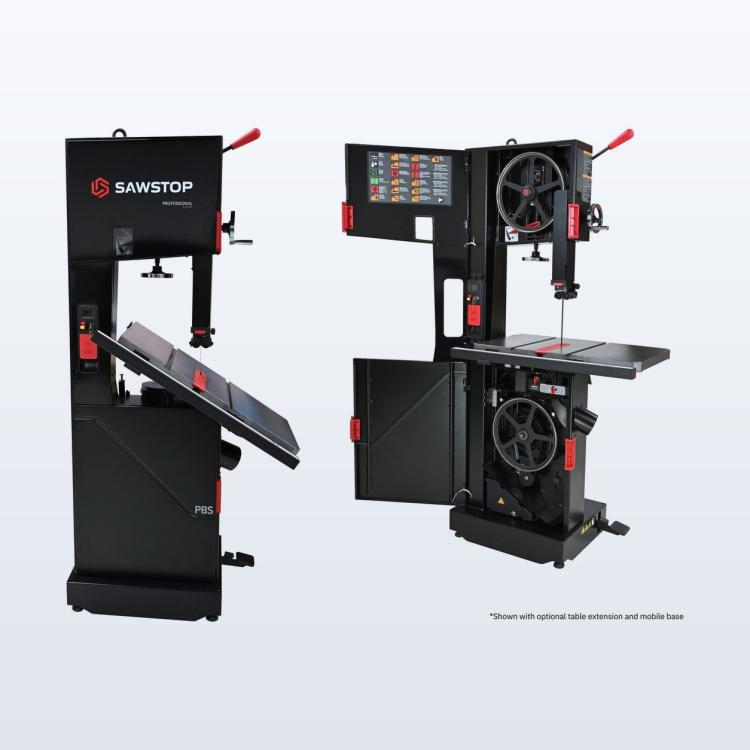 Black SawStop 14-inch Professional Bandsaw with red handwheel and table extension