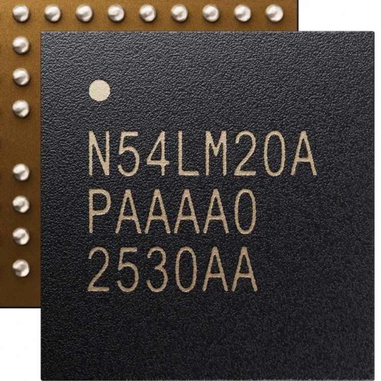Close-up of the Nordic nRF54LM20A wireless chip in its CSP package