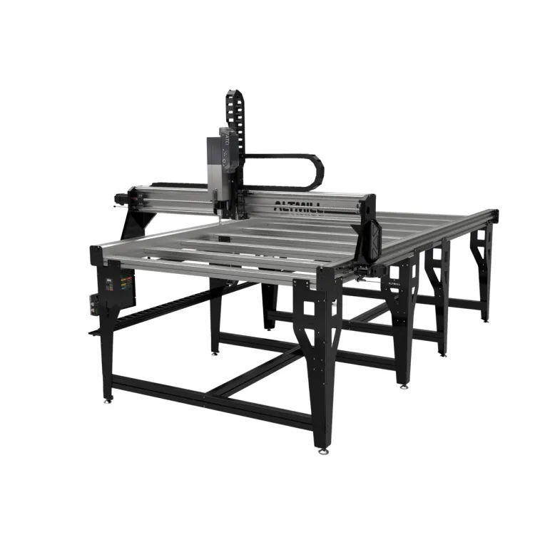 Sienci AltMill 4x8 CNC router rendered on a white background, a black steel frame supporting a long aluminum table with the gantry at one end
