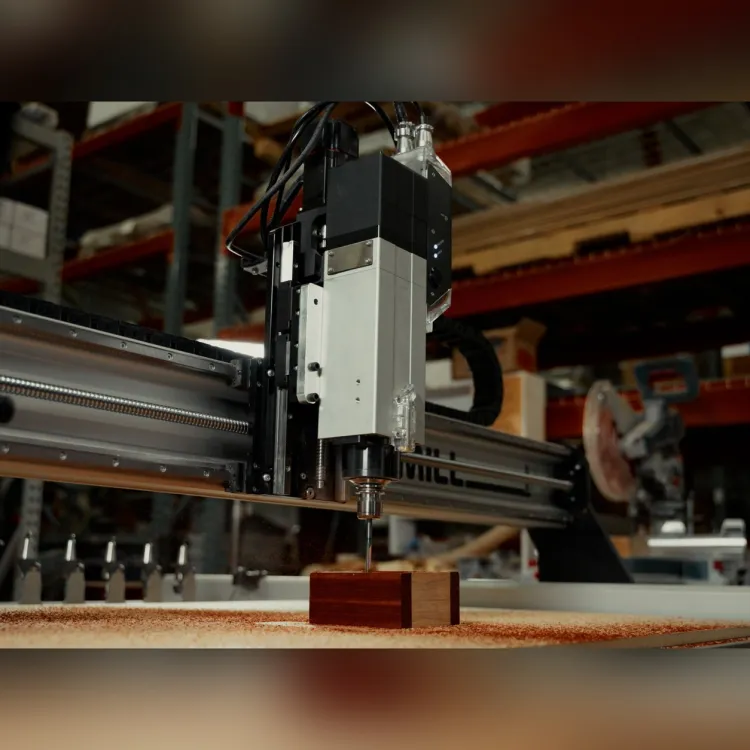 Sienci AltMill automatic tool changer spindle cutting a block of wood in a workshop, with the tool rack visible at the left