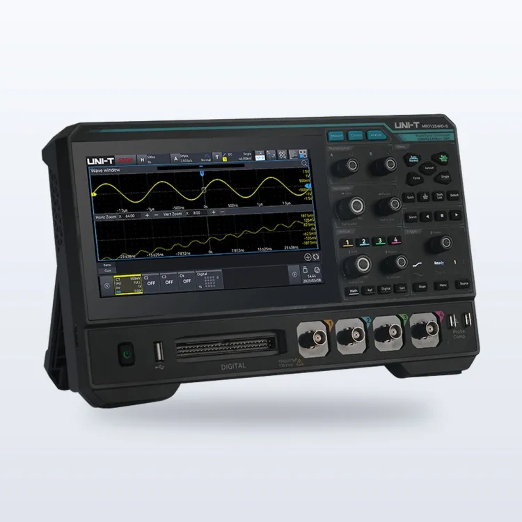 UNI-T MSO1000HD oscilloscope with a 7-inch touch screen showing waveforms