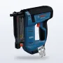 Bosch 18V cordless 23-gauge pin nailer resting against a piece of trim