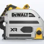 DeWalt 20V MAX XR plunge track saw on a guide rail cutting a sheet of plywood